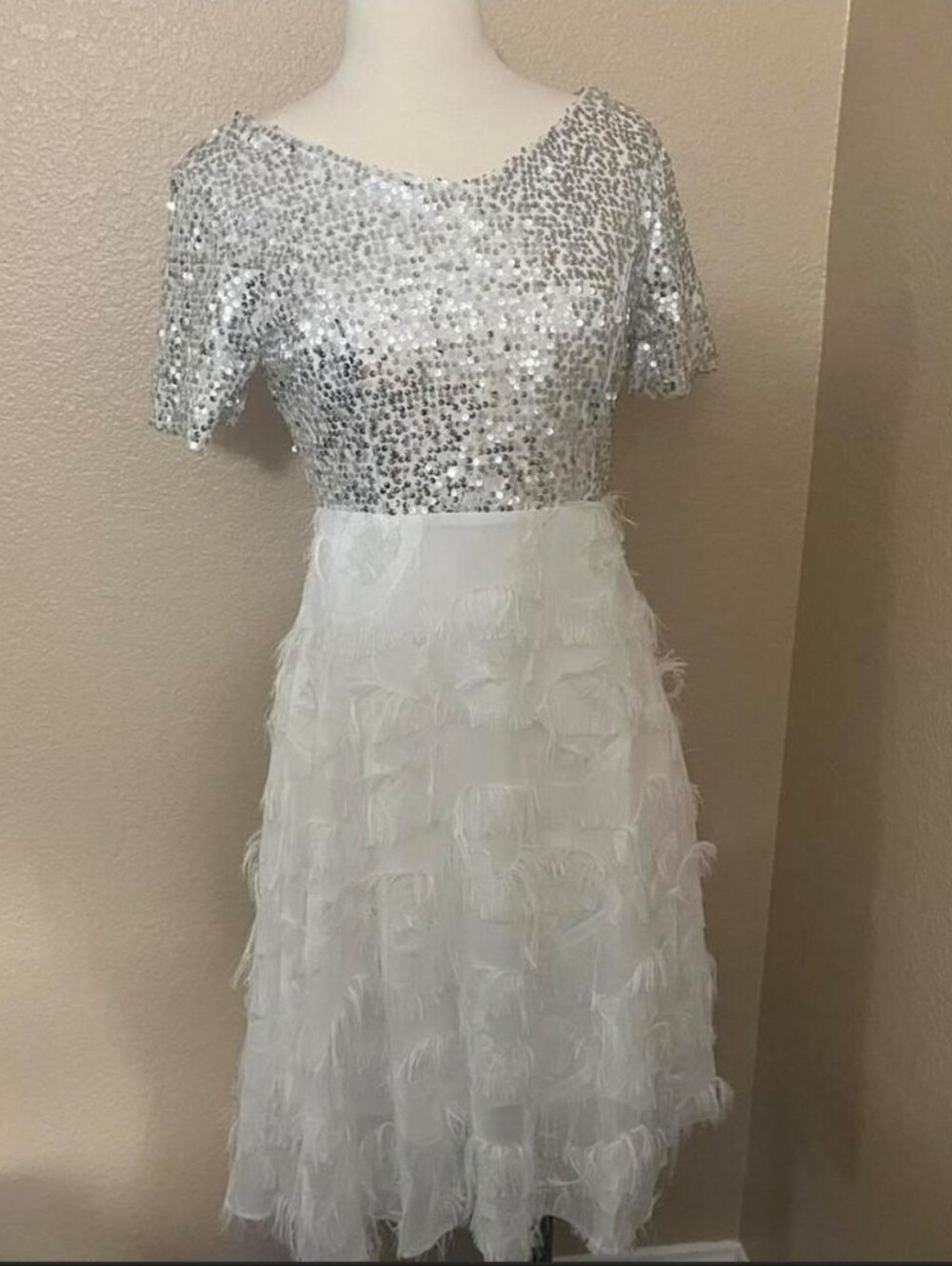 Silver Sequin & White Feather-Trim Party Dress